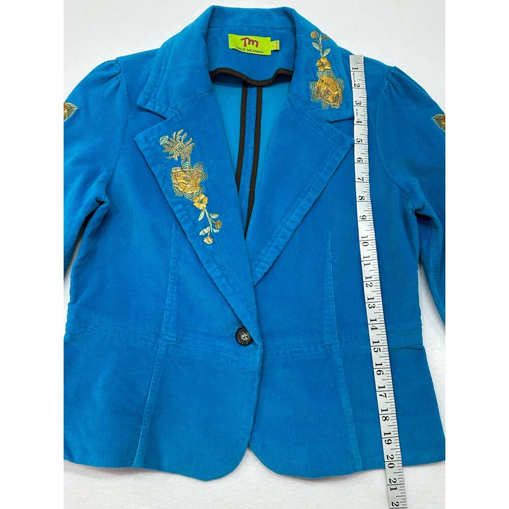 True Meaning Blue Corduroy Floral Embroidered Blazer Jacket Y2K Boho Large - Picture 9 of 12